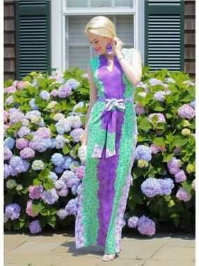 Rulon Reed Morgan Maxi Dress XS Green Purple Hibiscus Belt Sheath Resort